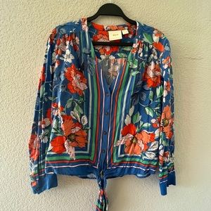 Anthropologie Maeve Floral colorful Long Sleeve Blouse 2 Front Tie size 8